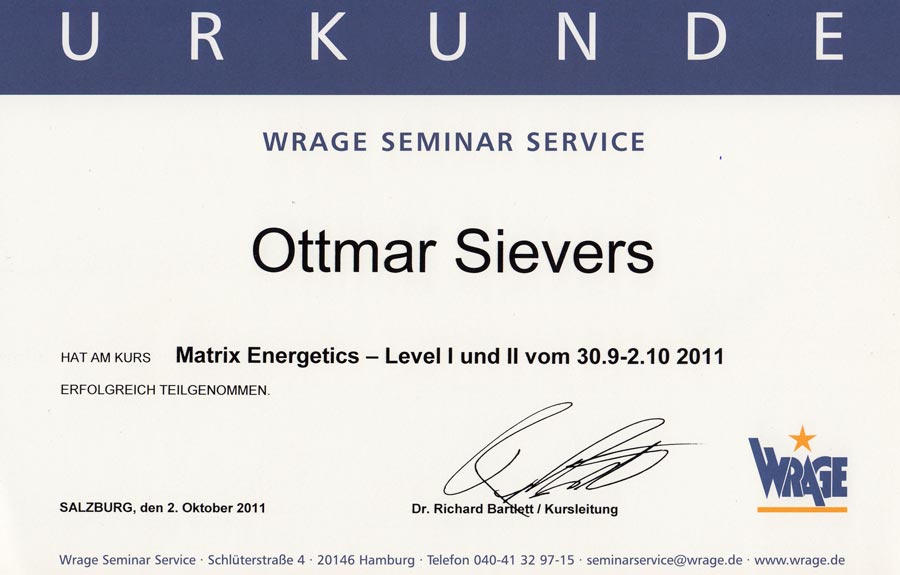 Zertifikat: Matrix Energetics - Dr. Richard Bartlett